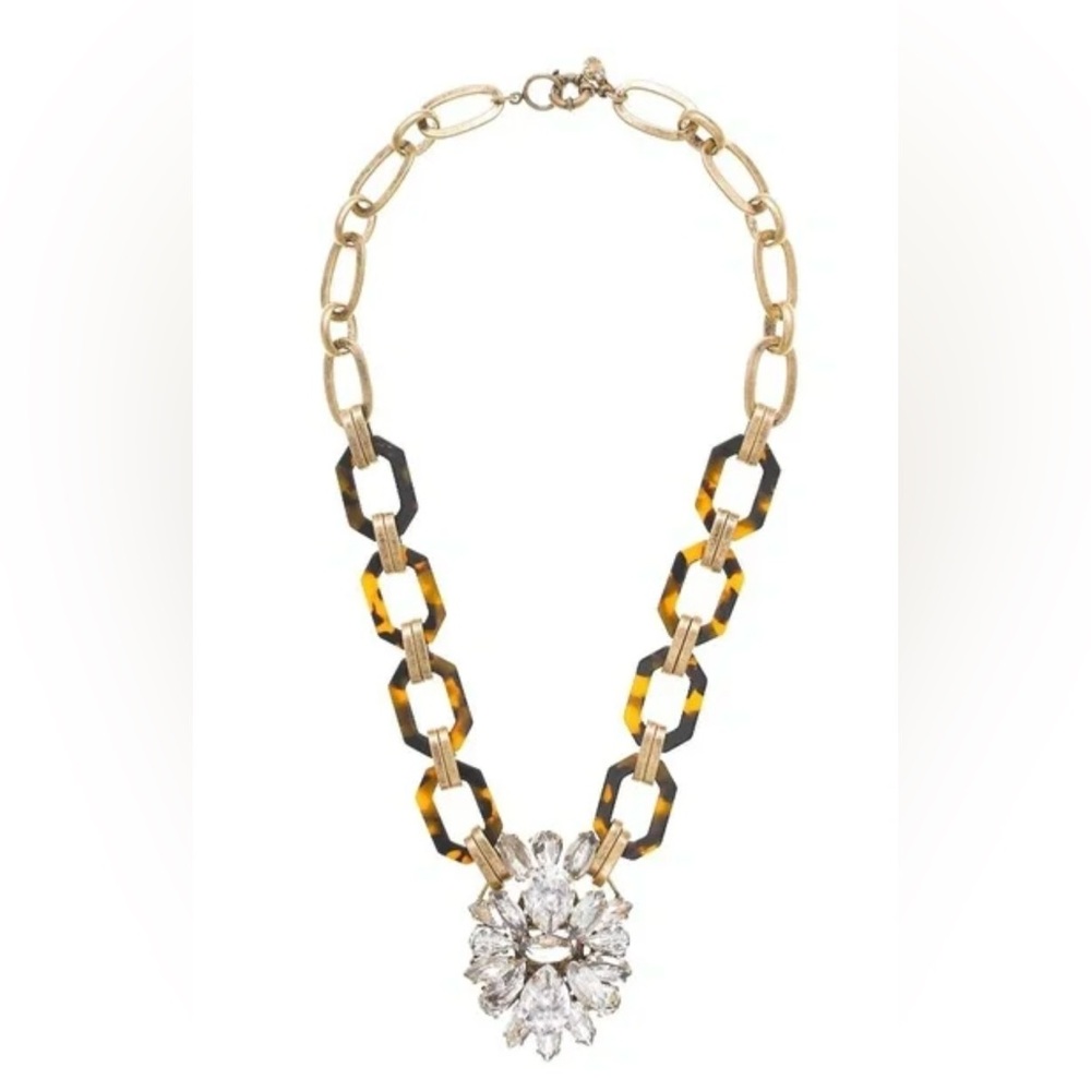 J CREW Tortoise Link Gold Tone and Crystal Long Pendant Necklace